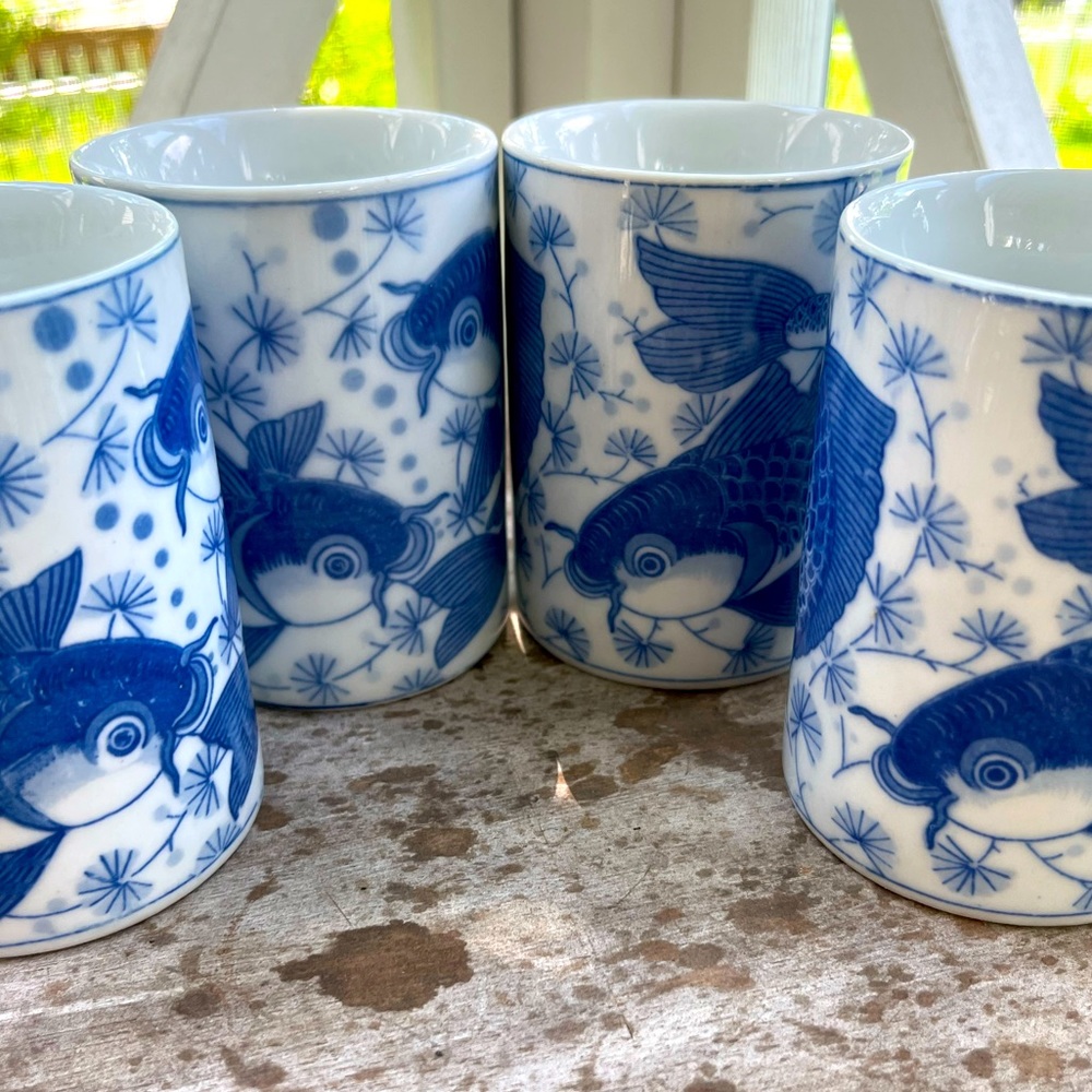 Four Blue and White Koi Fish Mug